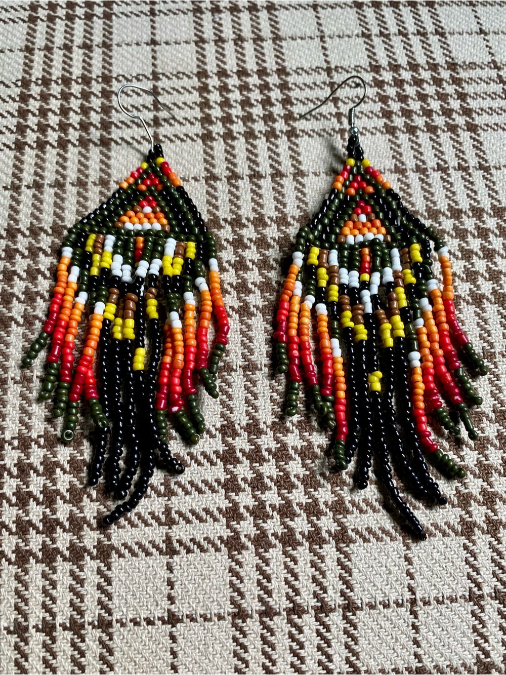 Handmade Beaded Fringe Earrings in Red, Orange, Yellow, Green, Black